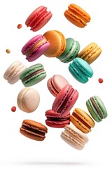 Poster - Colorful macarons flying in the air, perfect for bakery or dessert concept