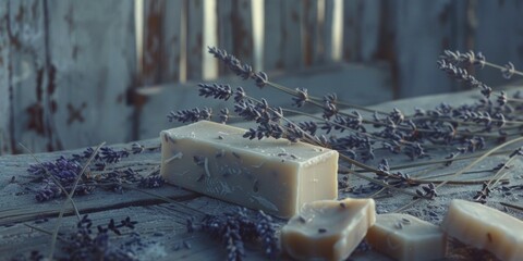 Poster - A bar of soap placed on a wooden table. Suitable for hygiene or household concepts