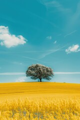 Poster - A single tree standing tall in a vibrant yellow flower field. Ideal for nature and landscape concepts