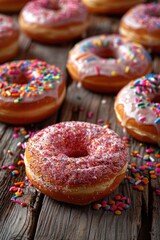 Poster - Delicious doughnuts with colorful sprinkles on a wooden table. Perfect for bakery or dessert themed designs