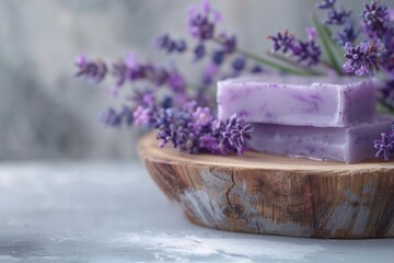 Poster - Wooden bowl with purple soap and lavender flowers, perfect for spa concept