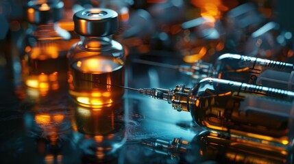 Poster - Close up of a glass table with various bottles of liquid. Ideal for product display or laboratory concepts