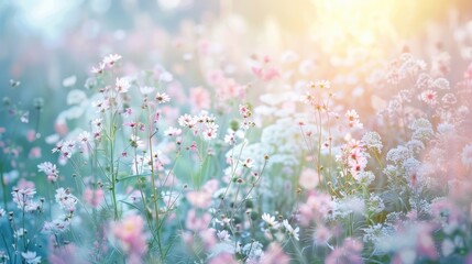 Wall Mural - Beautiful field of white and pink flowers with the sun shining in the background. Perfect for spring and nature concepts