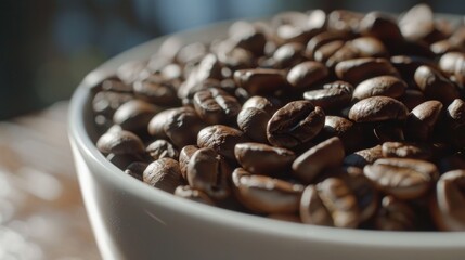 Poster - Fresh coffee beans in a bowl, perfect for coffee shop promotions