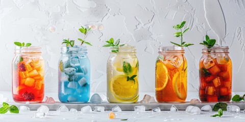 Poster - Different types of drinks stored in jars. Suitable for beverage or glassware concepts
