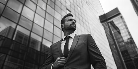 Poster - Professional man in suit standing by modern building, suitable for business concepts