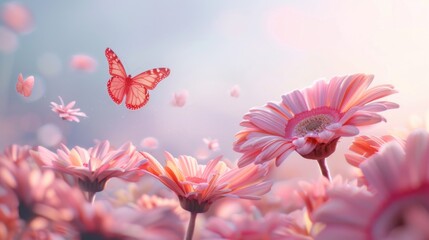 Poster - Beautiful pink flowers field with a butterfly, perfect for nature backgrounds