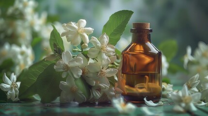 Poster - A bottle of essential oil next to a bunch of flowers. Ideal for aromatherapy concept designs