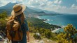 a young woman sporting a backpack and straw hat, gazing at the scenic sea and mountains in the distance, capturing the essence of outdoor travel.