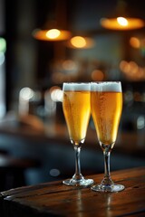 Poster - Two glasses of beer on a rustic wooden table. Perfect for bar or restaurant designs