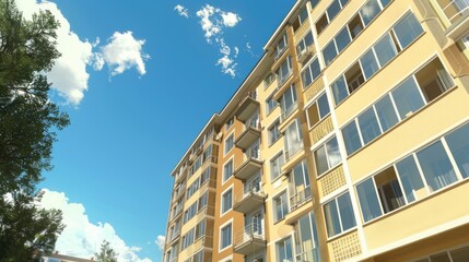 Poster - A modern yellow building with numerous windows. Ideal for architectural projects