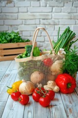 Poster - Fresh vegetables in a bag on a rustic wooden table, perfect for healthy eating concepts