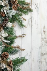 Poster - A simple white wooden background adorned with pine cones and fir branches. Perfect for winter and holiday-themed designs