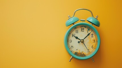 Poster - Simple blue alarm clock on bright yellow background. Suitable for time management concepts