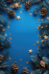 Canvas Print - Festive holiday background with blue tones, pine cones, and stars. Perfect for Christmas designs and decorations