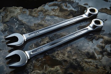 Poster - Two wrenches placed on a rock, suitable for industrial concepts