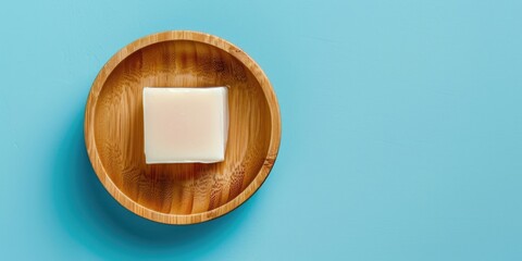 Poster - A simple wooden bowl with a square of soap. Perfect for hygiene or spa concepts