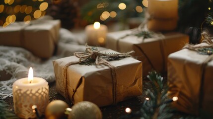 Poster - A collection of gifts wrapped in rustic brown paper, perfect for a variety of occasions