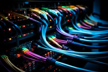 Poster - Multicolored Server cables. Internet center digital. Generate ai