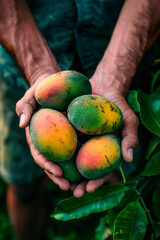 Canvas Print - mango in the hands of a farmer. selective focus.