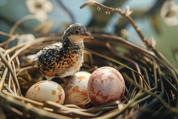 Poster - A bird sitting in a nest with eggs. Perfect for nature and wildlife concepts