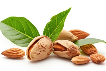 Poster - Fresh nuts with green leaves, perfect for food or nature concepts