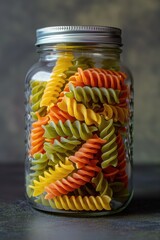 Poster - Colorful pasta in a jar on a table, perfect for food blogs or recipe websites
