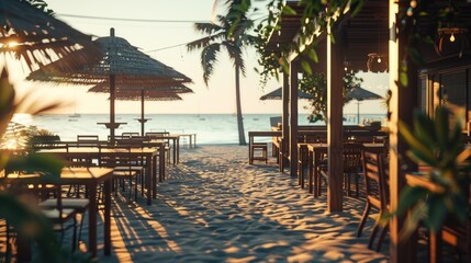 Wall Mural - A picturesque beach scene with tables and umbrellas. Perfect for travel and vacation concepts