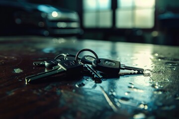 Aufkleber - A bunch of keys sitting on a wooden table, suitable for various concepts