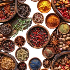 Aufkleber - Different spices in wooden bowls, perfect for cooking recipes