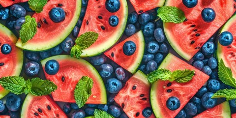 Poster - Fresh and colorful watermelon slices with blueberries and mint leaves. Ideal for summer themes and healthy eating concepts