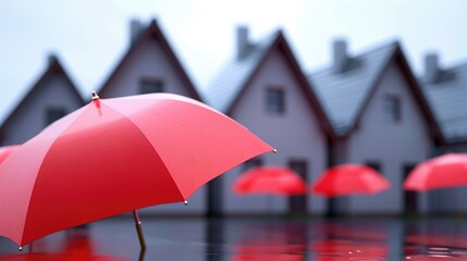 Poster - Group of red umbrellas on top of a puddle of water, suitable for weather or rainy day concepts