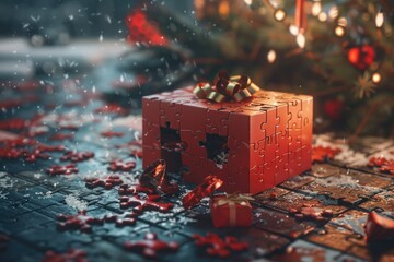 Poster - A red puzzle box sitting on a table. Ideal for business or education concepts