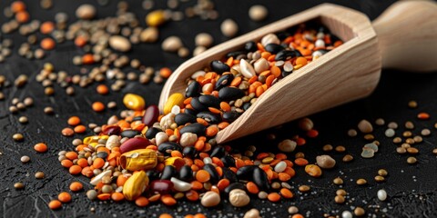 Poster - A wooden scoop filled with a variety of grains. Ideal for food and nutrition concepts