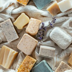Poster - Various soap bars arranged neatly on a soft towel. Suitable for hygiene and spa concepts