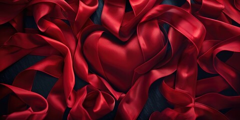 Poster - Red satin heart on a black background. Perfect for Valentine's Day projects
