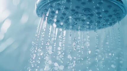 Poster - A close-up of water running down a shower head. Ideal for bathroom or plumbing related projects