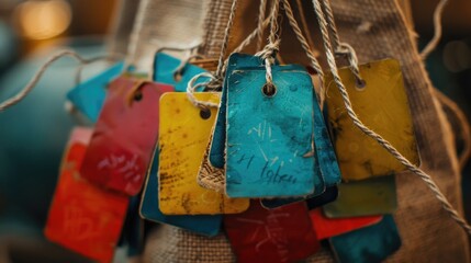 Poster - A bunch of tags hanging from a string. Suitable for product labeling or inventory management
