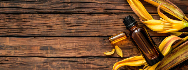 Wall Mural - ylang-ylang essential oil in a bottle. selective focus.