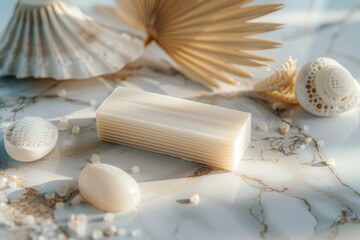 Poster - A soap bar placed on a sleek marble counter. Ideal for bathroom or hygiene concepts