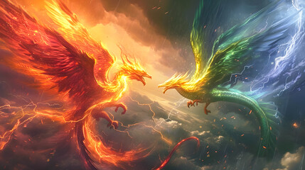 3d illustration Dragon Fighting, epic battle between fire dragon and lightning dragon. concept art, 3D rendering	