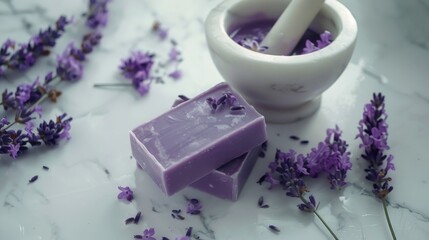 Poster - A soap bar next to a bowl of lavender flowers, suitable for spa or beauty concepts