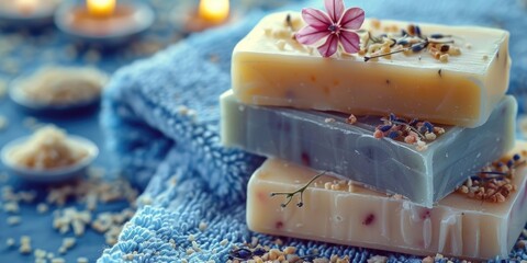 Poster - Three soap bars stacked on top of each other. Can be used for hygiene or bathroom concepts