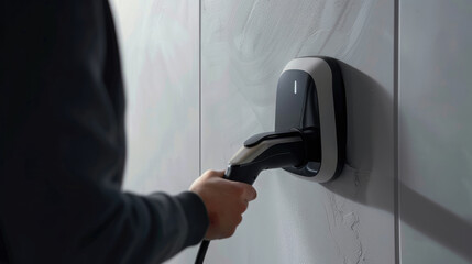 Wall Mural - EV Power supply for electric car portable charging station, car is charging on the wall