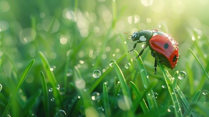 Aufkleber - A ladybug perched on a vibrant green field. Suitable for nature and insect themes