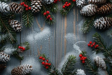 Aufkleber - Festive pine cones and red berries on a wooden table. Ideal for holiday decorations