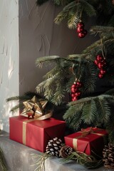 Poster - Festive Christmas tree with gifts underneath, perfect for holiday season designs