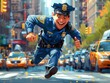 Caricature of a handsome police officer in uniform, running. The background has a city street with cars.