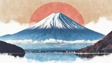 fuji mountain vintage traditional Japanese painting on old paper.