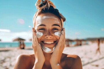 Smiling woman applying sunscreen on her face. Generative AI